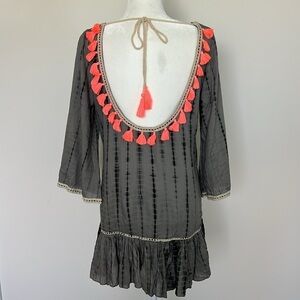 ZLEurope Shibari Tunic Dress Gray Black Tie Dye Coral Tassel Boho Cover Up Small